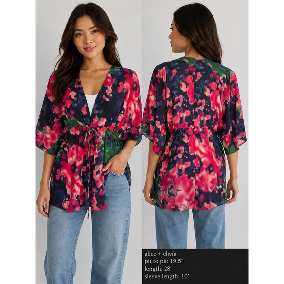 Alice + Olivia Tops - Alice‎ + Olivia Kimono Top Abstract Floral PinkNavy Drawstring Waist NoSz Tag